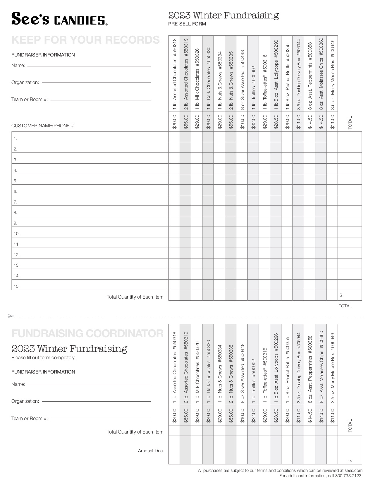 See's Candies fundraising order form.
